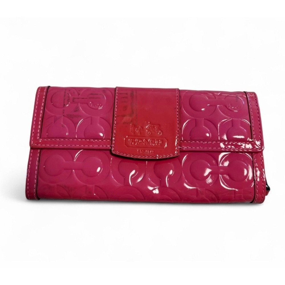 Coach Fuchsia Patent Leather Embossed Signature Checkbook Wallet 42426